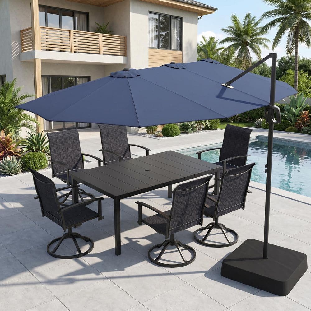 8-Piece Metal Outdoor Dining Set with 63'' Black Rectangle Table, 6 Dark Gray Textilene Swivel Chairs and Beige Umbrella price history on PriceWatchPro