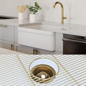 Luxury White Solid Fireclay 26 in. Single Bowl Farmhouse Apron Kitchen Sink with Matte Gold Accs and Belted Front