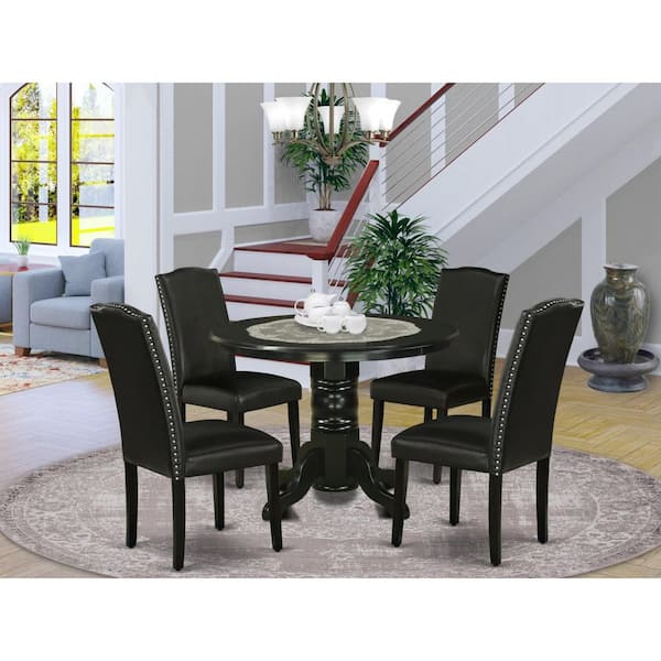 East West Furniture 5-Piece Round Black Finish Solid Wood Top Dining Table with 4 Black Faux Leather Upholstered Parson Chairs, Seats 4
