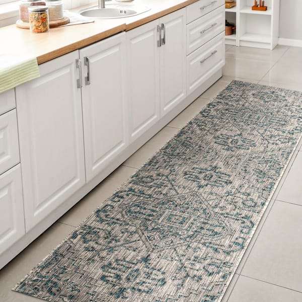 Estrella Bohemian Medallion Textured Weave Teal/Gray 2 ft. x 10 ft. Indoor/Outdoor Runner Rug
