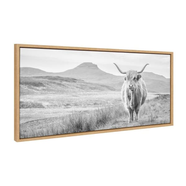 Kate and Laurel Sylvie Highland Cow Mountain Landscape Black and White by The Creative Bunch Studio Framed Art Print 18 in. x 40 in.