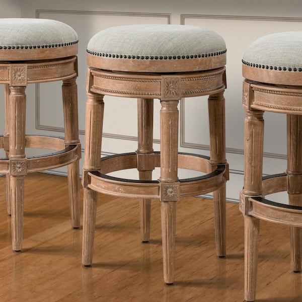 NewRidge Home Goods Chapman 31 in. Weathered Natural Backless Wood Swivel Bar Stool with Upholstered Gray Seat, One Stool
