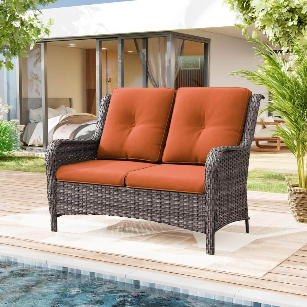 Brown Wicker Outdoor Patio Loveseat 2 Seat Sofa Couch with Orange Cushions