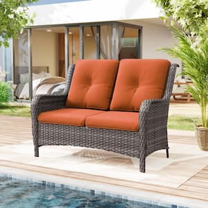 Brown Wicker Outdoor Patio Loveseat 2-Seat Sofa Couch with Orange Cushions