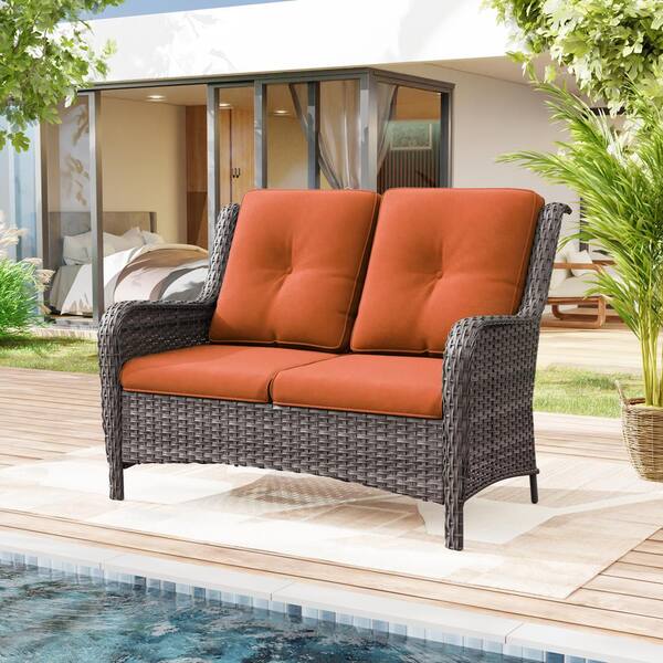 Gardenbee Brown Wicker Outdoor Patio Loveseat 2-Seat Sofa Couch with Orange Cushions