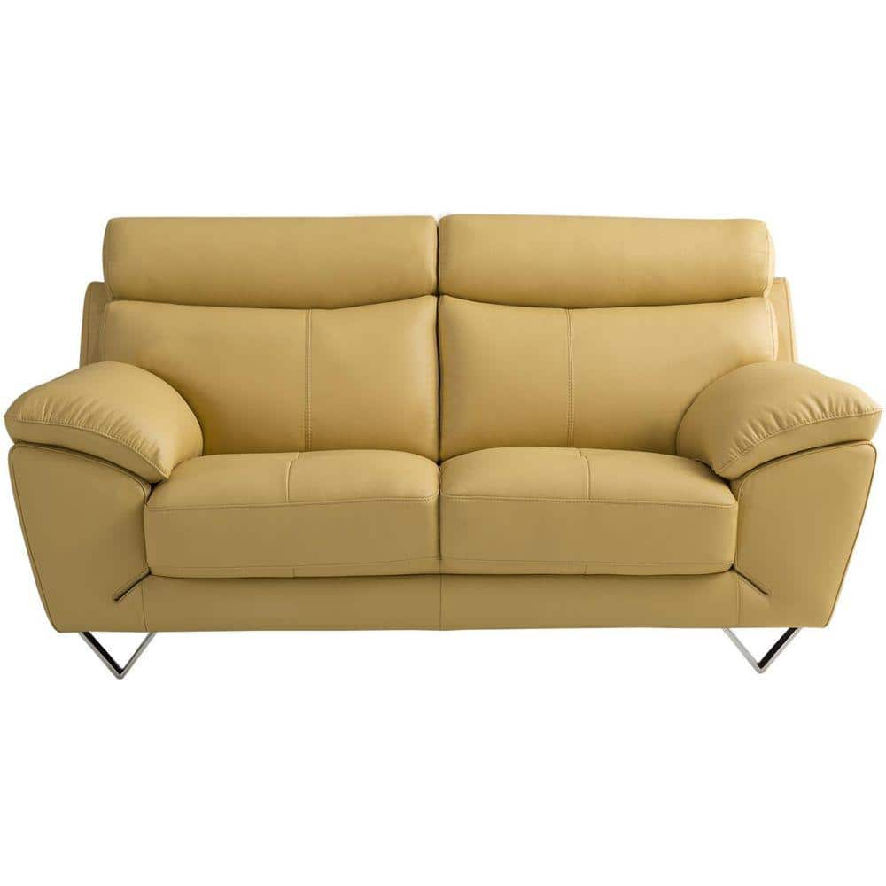 Benjara 39 In. Yellow Solid Leather 2-Seater Loveseat With Plush Bustle ...