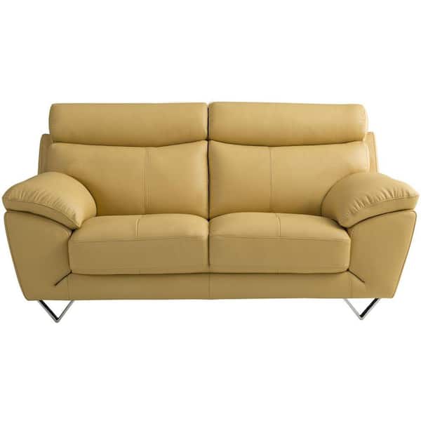 Benjara 39 in. Yellow Solid Leather 2-Seater Loveseat with Plush Bustle Back and Steel Feet