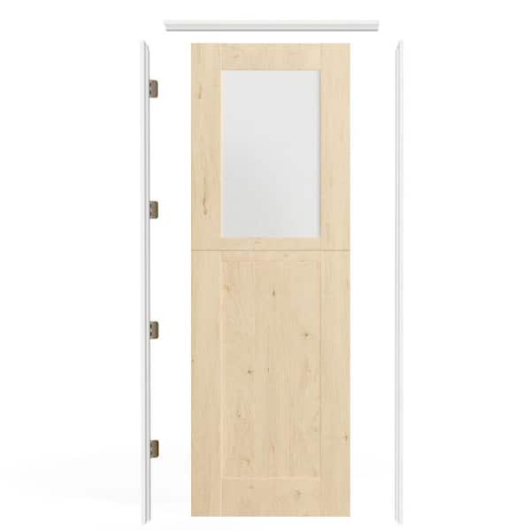 30 in. x 80 in. Universal Half-Lite Frosted Glass Pine Wood Interior Dutch Door, Split Door Slab with Split Jamb, Hinge