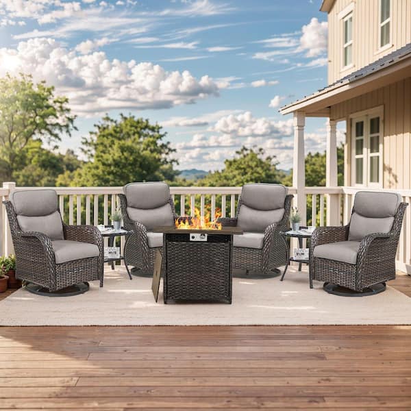 moosprr Luxury Brown Wicker Fire Pit Conversation Set with Olefin Gray Cushions and Patio Swivel Chairs/Side Tables (7-Piece)