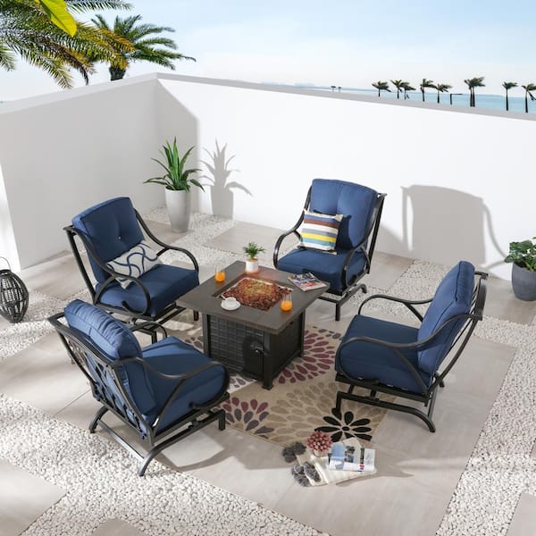 Patio Festival 5-Piece Metal Patio Fire Pit Seating Set with Blue Cushions