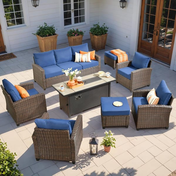 Palermo Brown 8-Piece Wicker Outdoor Modular Patio Furniture Sofa Set with Metal Fire Pit and Navy Blue Cushions