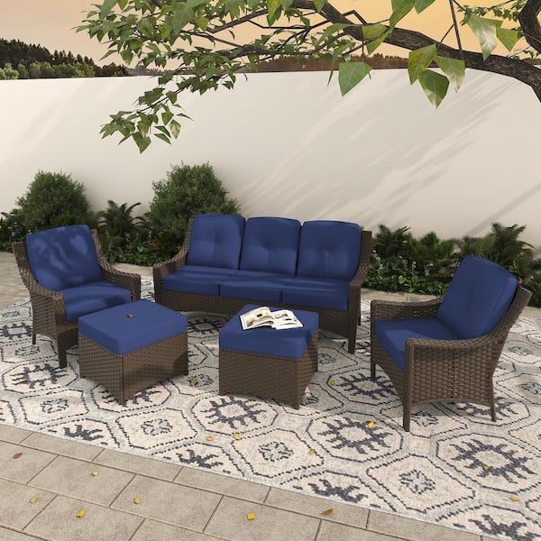 INMITOM 5-Piece Wicker Patio Furniture Set with Blue Cushions, 3-Seater Sofa, Armchairs, and Ottomans