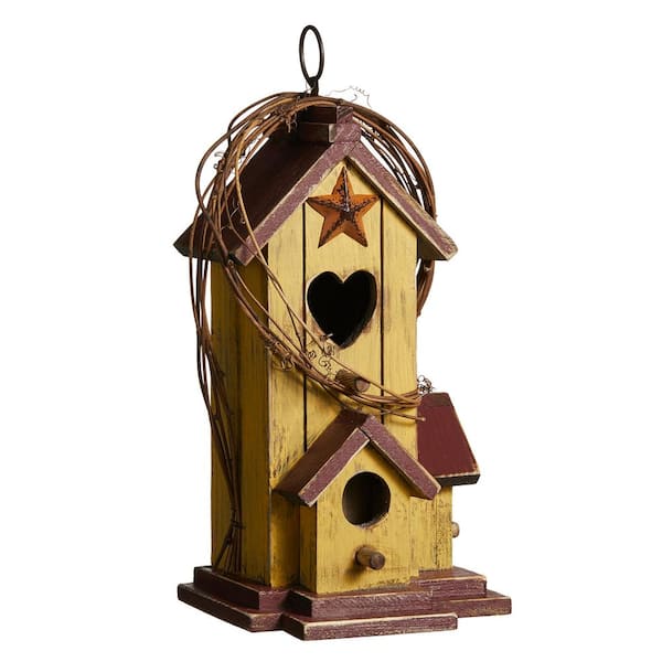 Glitzhome 11.5 in. H Washed Yellow Distressed Solid Wood Cottage Decorative Outdoor Garden Birdhouse with Rattan