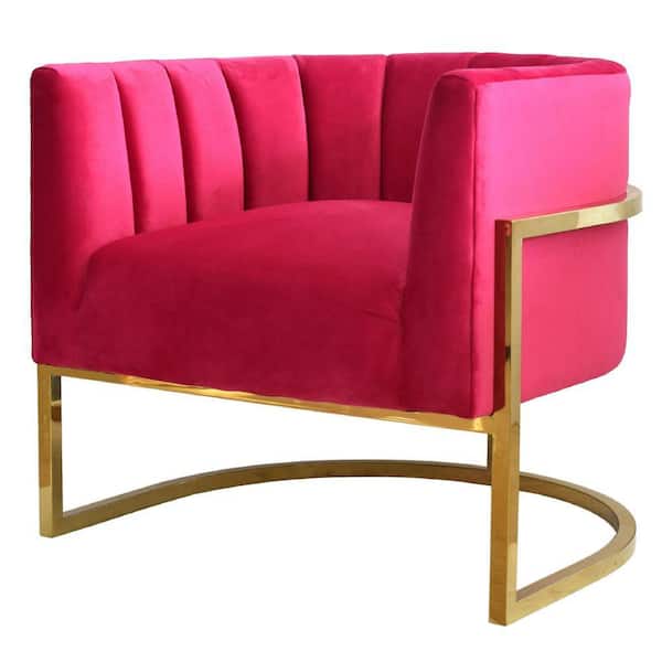 Benjara Modern Pink and Gold Fabric and Metal Channel Tufted Back Arm Chair