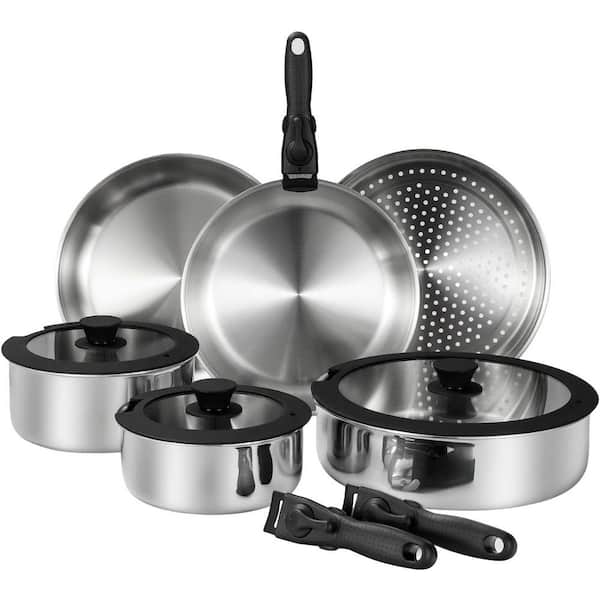 3-Piece Stainless Steel Cookware Set Tri-Ply Induction Compatible Removable Handle Space Saving Kitchen Set