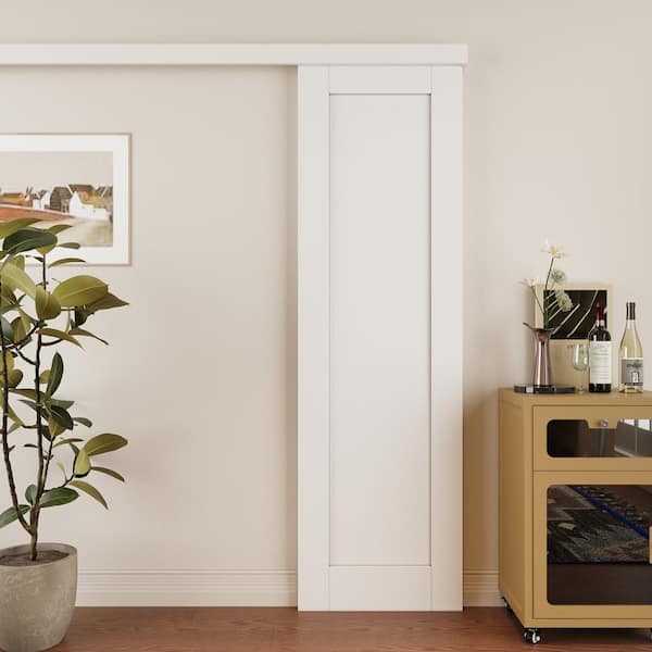 18 in. x 80 in. Hidden Track Style Paneled 1-Lite White Primed MDF Sliding Barn Door with Hardware Kit