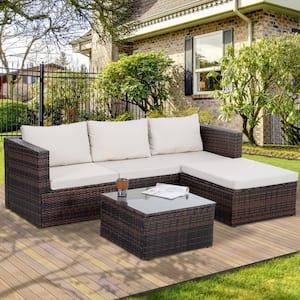 Brown 5-Piece Wicker Outdoor Sectional Set with Beige Cushions and Tempered Glass Coffee Table