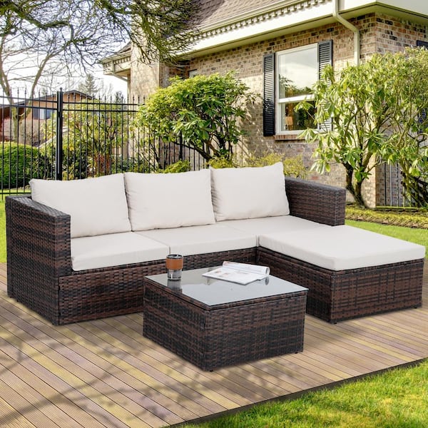 PARASOLAR Brown 5-Piece Wicker Outdoor Sectional Set with Beige Cushions and Tempered Glass Coffee Table
