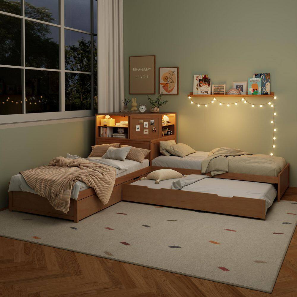 Natural (Yellow) Wood Frame Twin L-shaped Platform Bed with Trundle and Drawers Linked with Built-in Desk and LED - thumbnail 2