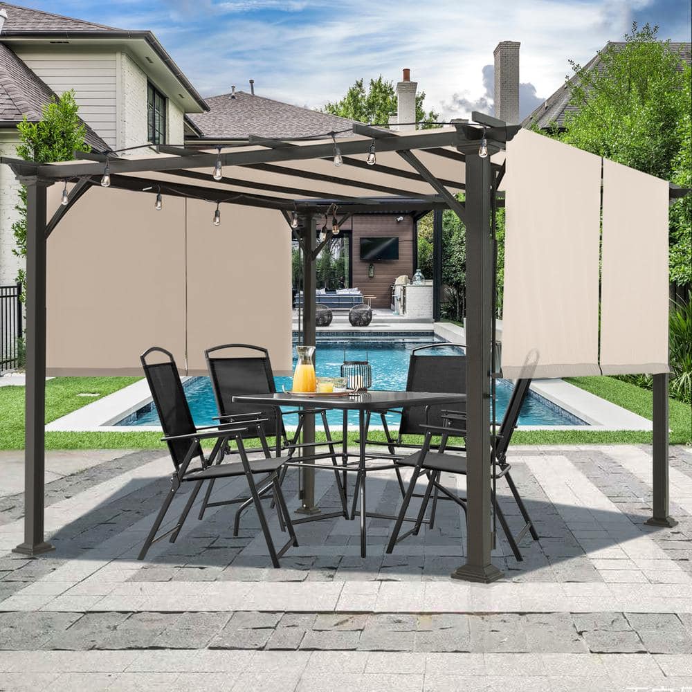 Beige 10x10 Metal Patio Pergola with Retractable Canopy