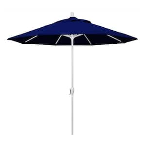 9 ft. Matted White Aluminum Push Button Tilt Crank Lift Market Patio Umbrella in True Blue Sunbrella