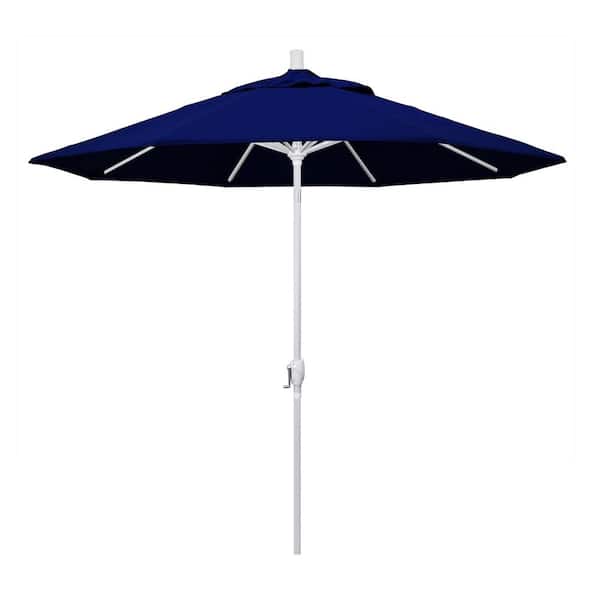 California Umbrella 9 ft. Matted White Aluminum Push Button Tilt Crank Lift Market Patio Umbrella in True Blue Sunbrella