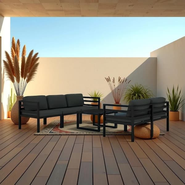 Benjara 6-Piece Anthracite Gray Metal Outdoor Modular Sectional Sofa with Table and Gray Cushion