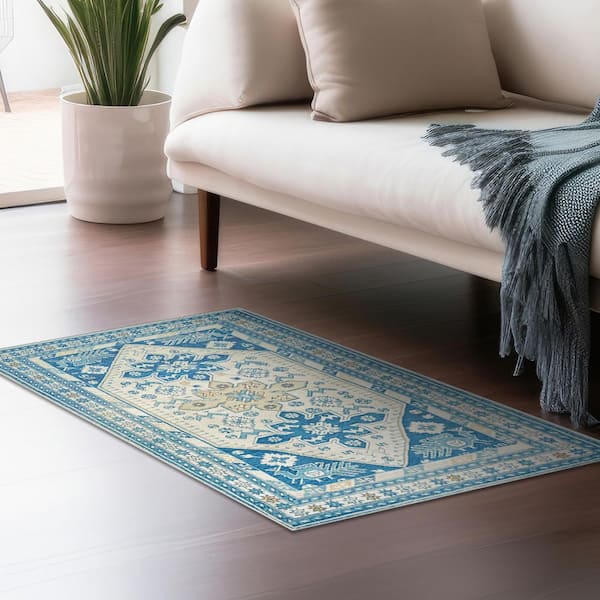 Saraz Blue/Off White Washable Rug 3 ft. x 5 ft. Area Rug