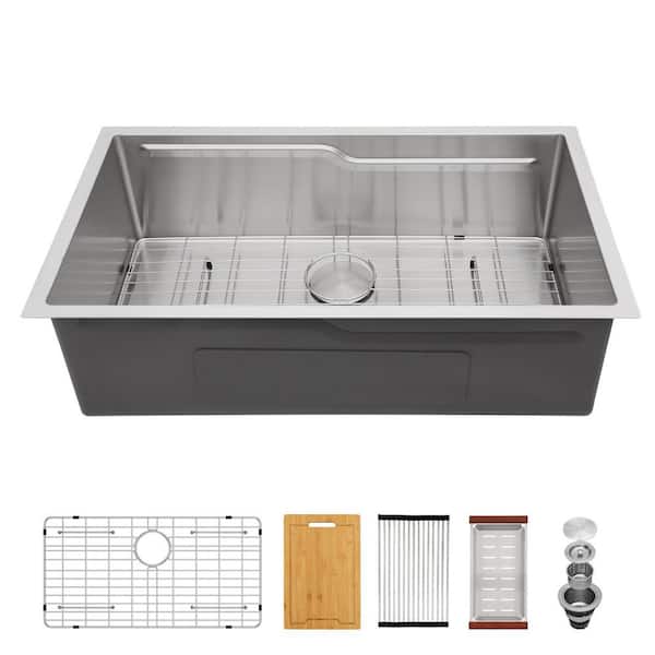 33 in. Undermount Single Bowl 16-Gauge Stainless Steel Z-shape Workstation Kitchen Sink with Bottom Grid