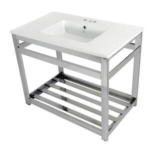 Quadras Ceramic White Console Sink (4 in., 3-Hole) with Legs in Polished Chrome