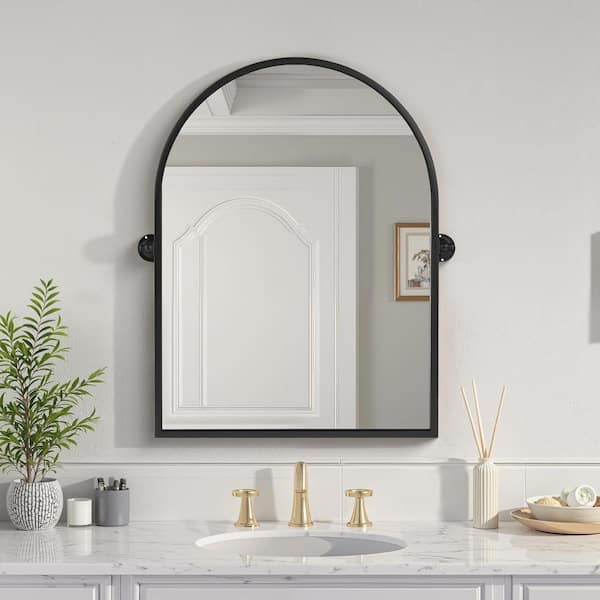 23 in W x 32 in. H Arch Metal Wall Mirror with Tilted Frame for Living Room Bathroom Bedroom Entryway Black