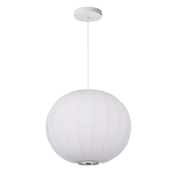 60-Watt 1 Light White Fabric Pendant Light with Spherical Shape Shade, No Bulbs Included, 12 in.