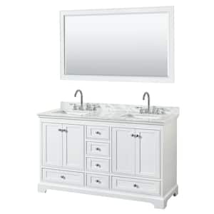 Deborah 60 in. W x 22 in. D Vanity in White with Marble Vanity Top in Carrara White with White Basins and 58 in. Mirror