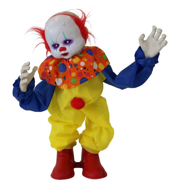 Haunted Hill Farm 24 in. Battery Operated Animatronic Clown with Red LED Eyes Halloween Prop