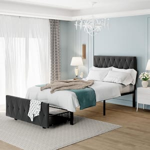 Dark Gray Metal Frame Twin Size Upholstered Platform Bed with Big Drawer and Adjustable Headboard