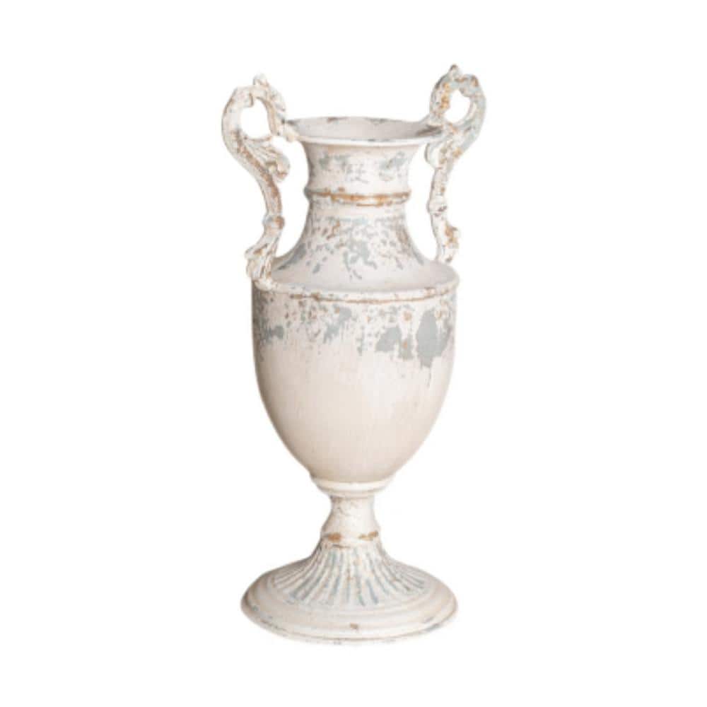 18 in. Gray White Metal Pitcher Decorative Vase Vintage Floral Ceramic Vase