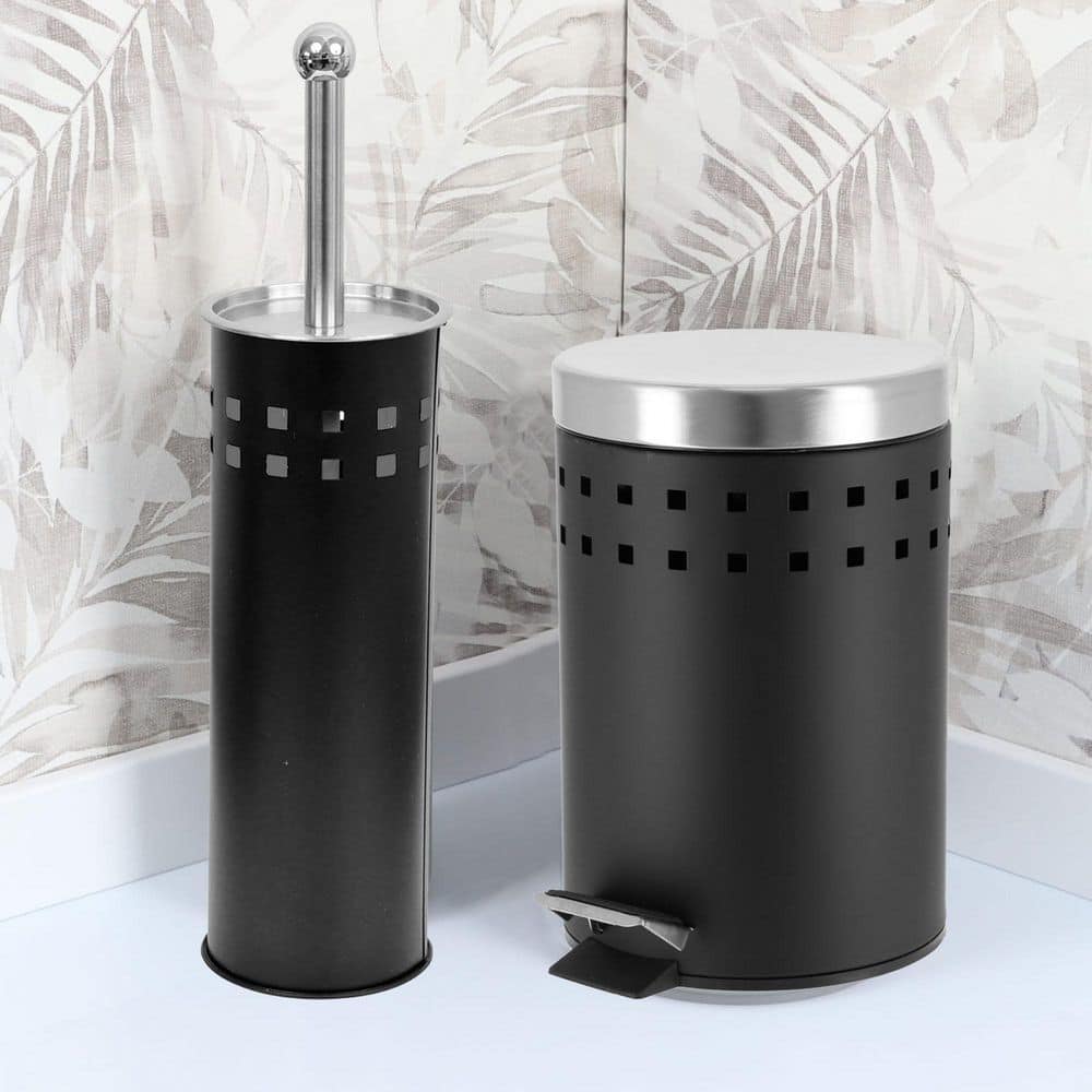 Black Metal Toilet Brush and Holder with Stainless Steel Top