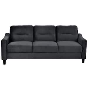 76.7 in. W Straight Arm Velvet Rectangle Sofa in Black with Rubber Wood Tapered Legs