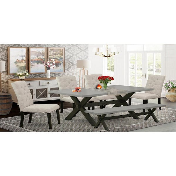 East West Furniture 6-Piece Rectangle Natural Oak Finish Solid Wood Top Dining Table with 1-Bench, 4-Chairs with Lattice Back