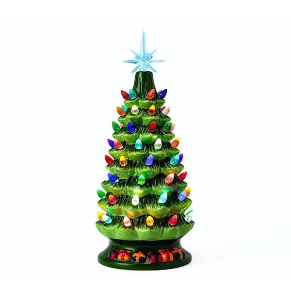 15 in. Tabletop Prelit Ceramic Christmas Tree with 70 Multicolor Lights, Hand-Painted Ceramic Tabletop Christmas Tree