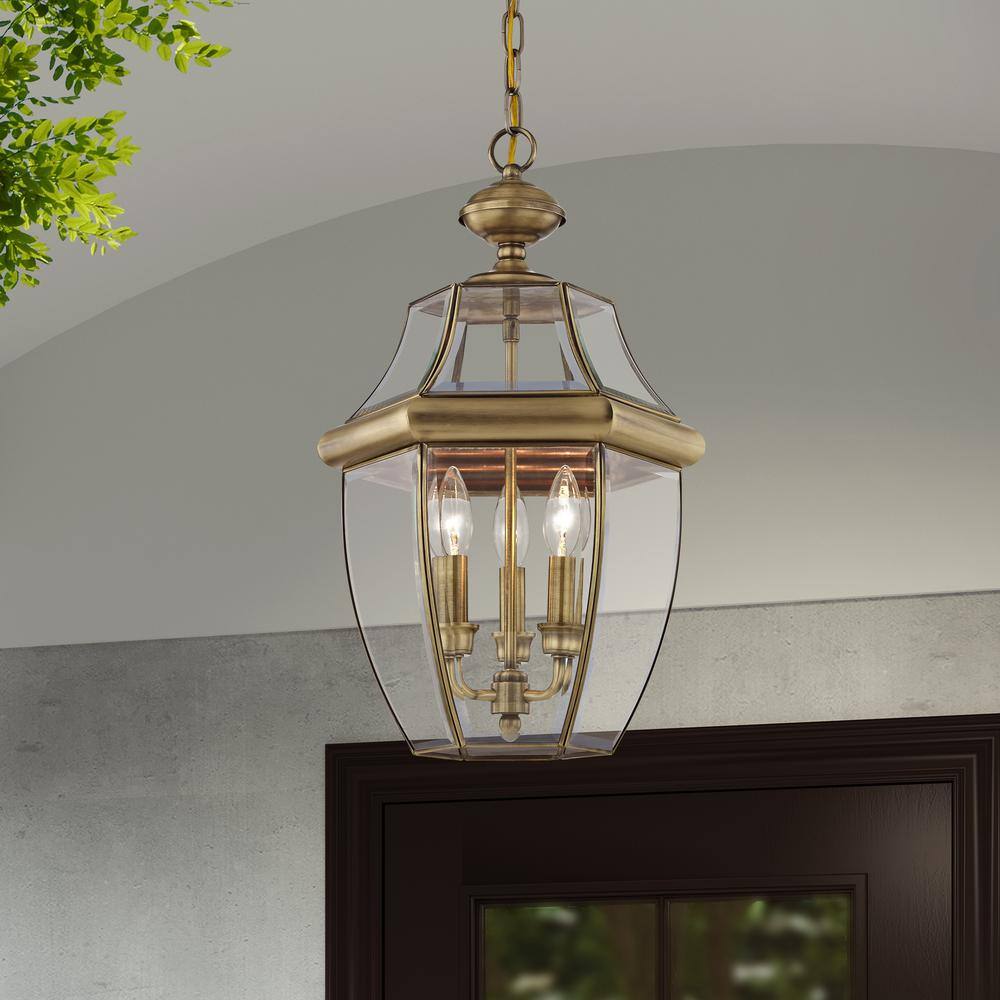 Monterey Antique Brass 3-Light Outdoor Pendant with Clear Beveled Glass