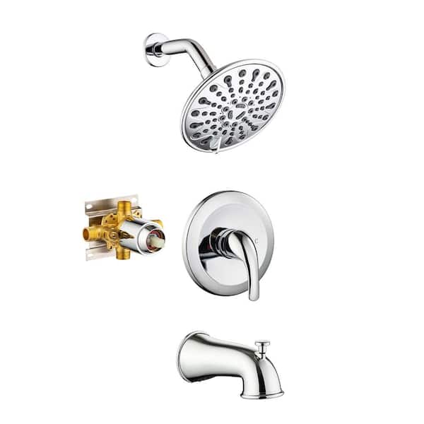 FLG Single Handle 1-Spray Tub and Shower Faucet 1.8 GPM Brass 6 in. Wall Mount Shower System Polished Chrome Valve Included