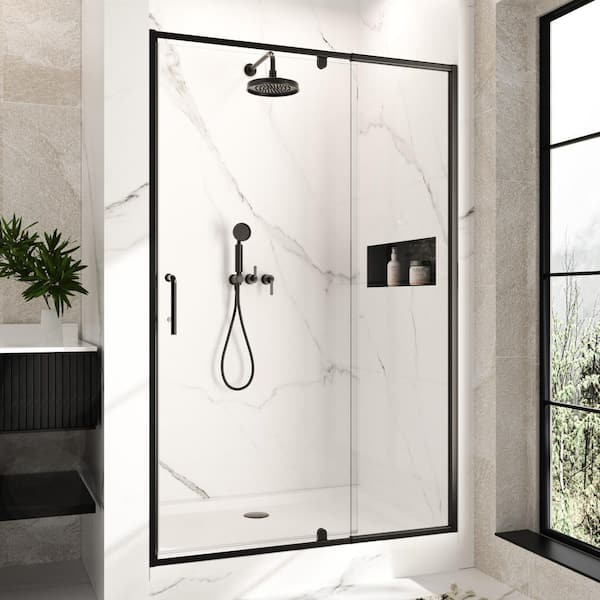 44 in.-48 in. W x 72 in. H Framed Pivot Shower Door in Black with Clear Glass