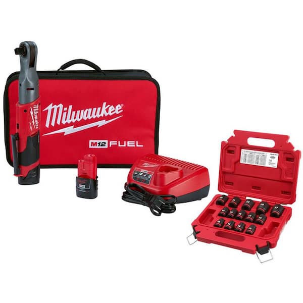 M12 FUEL 12V Lithium-Ion Brushless 1/2 in. Cordless Ratchet Kit W/(2) 2.0Ah Batteries, Charger, Bag & Metric Socket Set