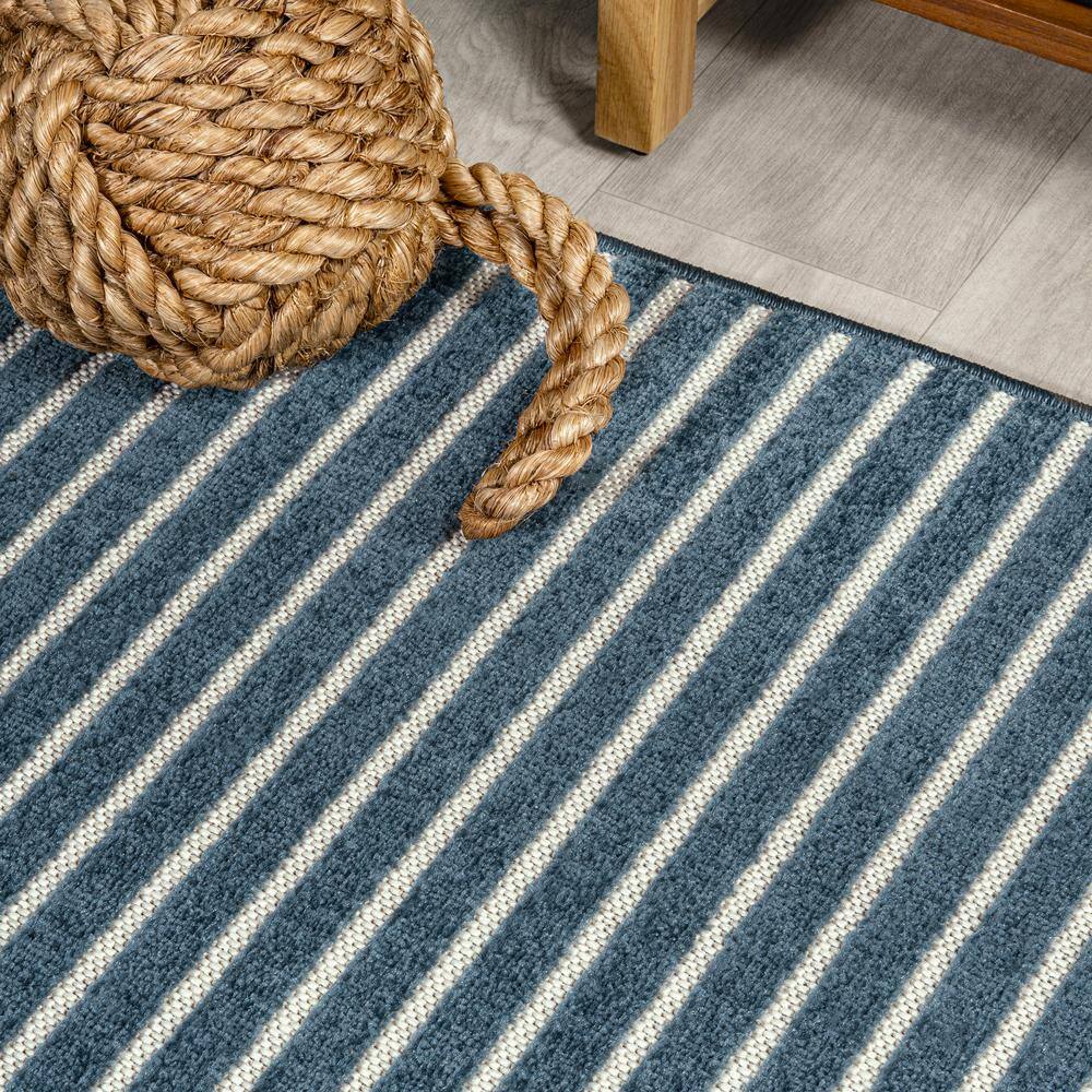 Ivory and Navy Striped Synthetic 4' x 6' Reversible Rug