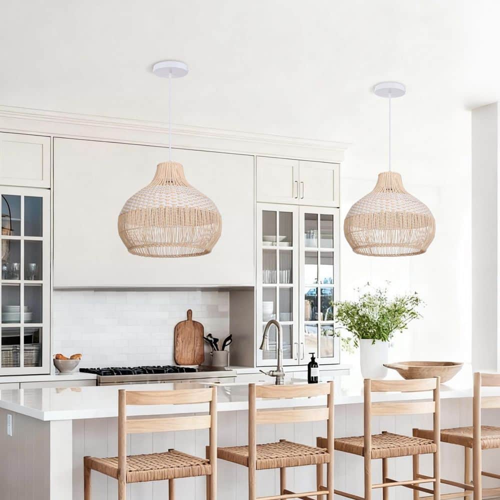 1-Light Two-Tone Hand-Woven Open-Weave Rattan Pendant Light, White and Natural Basket Shape, No Bulbs Included 17 in. price history on PriceWatchPro