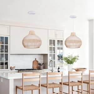 1-Light Two-Tone Hand-Woven Open-Weave Rattan Pendant Light, White and Natural Basket Shape, No Bulbs Included 17 in.