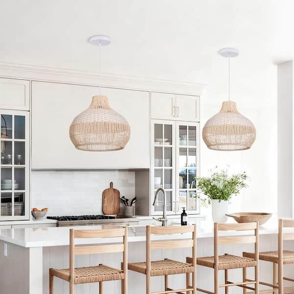 1-Light Two-Tone Hand-Woven Open-Weave Rattan Pendant Light, White and Natural Basket Shape, No Bulbs Included 17 in.