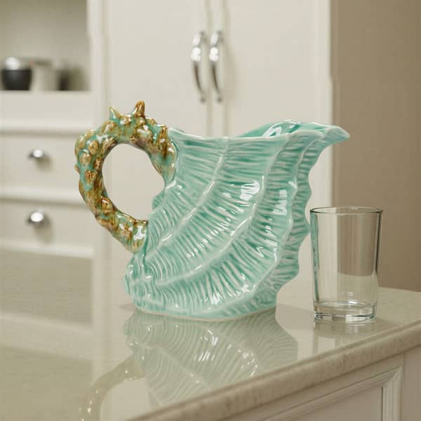 32 fl. oz. Blue and Brown Stoneware Shell‑Shaped Pitcher with Starfish and Shell Handle