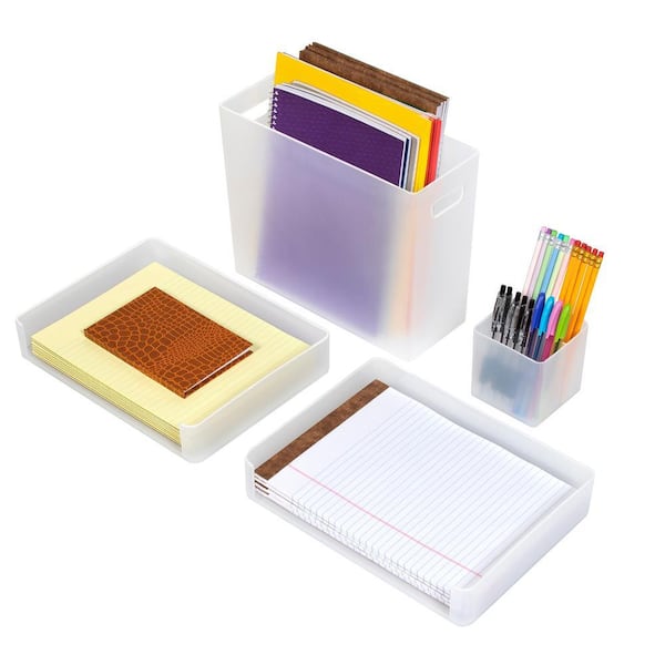 4-Piece Desk Organizer Set, White 12.4 in. x 10 in. Plastic Desk Accessories, File Bin, Letter Tray Pencil Cup, and More